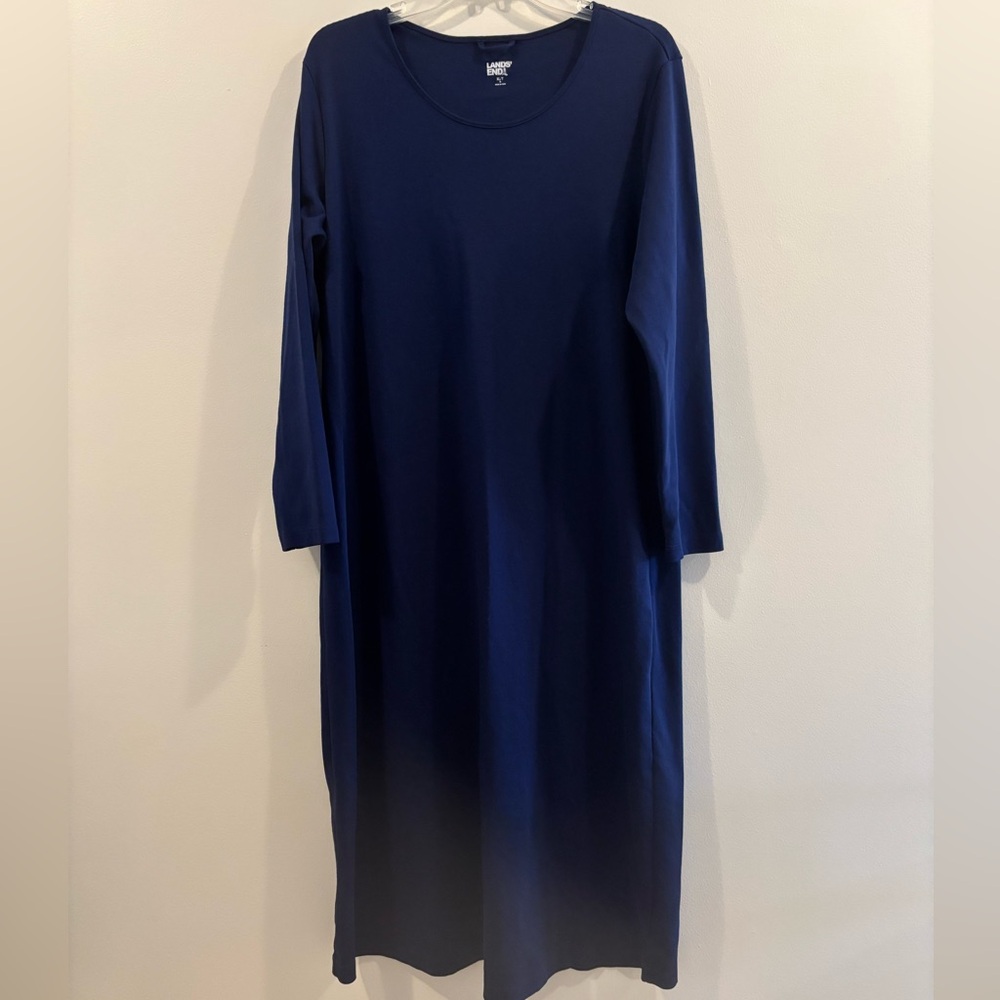 Lands’ End XL Tall Long Sleeved 100% Cotton Knit Scoop Neck Maxi Dress Navy